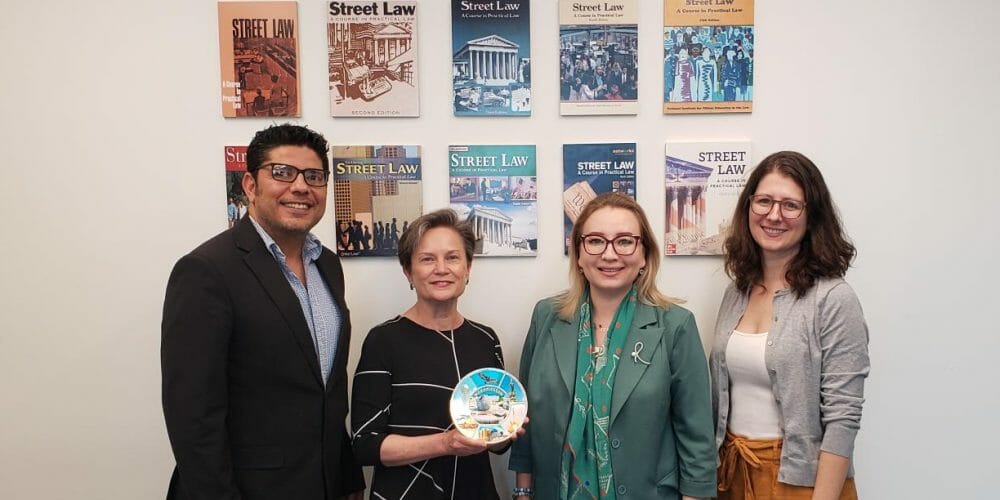 Left to right: Ashok Regmi (Street Law's CEO), Jennifer Whatley (Street Law's Chief Program Officer), Dr. Khalida Azhigulova, Kathleen Schmermund Pavich (Street Law's Director of International Programs).