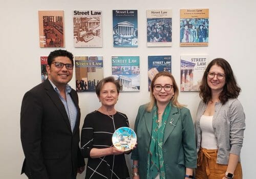 Left to right: Ashok Regmi (Street Law's CEO), Jennifer Whatley (Street Law's Chief Program Officer), Dr. Khalida Azhigulova, Kathleen Schmermund Pavich (Street Law's Director of International Programs).