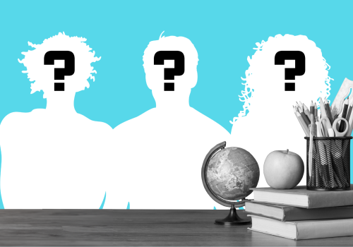 3 diverse silhouettes with question marks on them with a stack of books, apple, and globe in the foreground