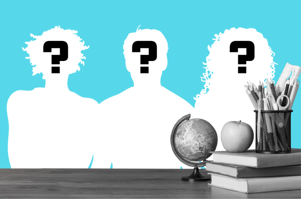 3 diverse silhouettes with question marks on them with a stack of books, apple, and globe in the foreground