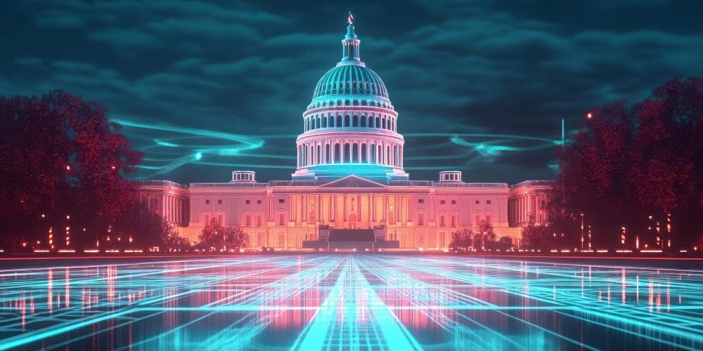 U.S. Capitol building illuminated in pink and blue at night, with glowing turquoise digital lines extending across the foreground and around the building