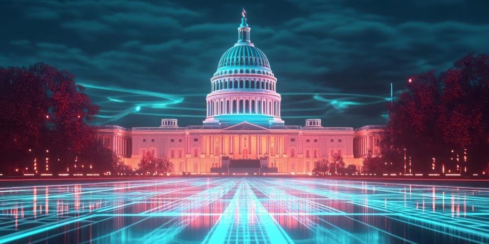 U.S. Capitol building illuminated in pink and blue at night, with glowing turquoise digital lines extending across the foreground and around the building